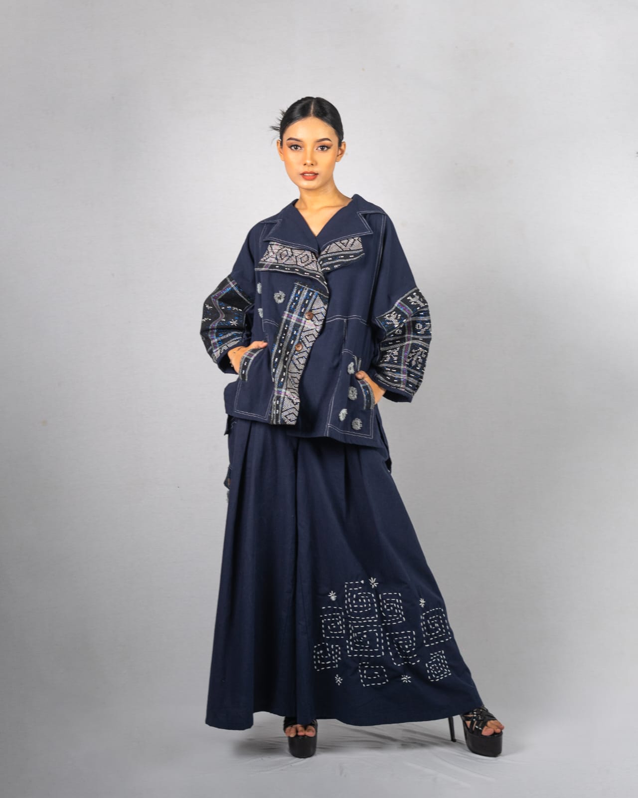 Hande-Hande Batak Toba Blazer Blouse with Sashiko Embroidery & Culotte Skirt